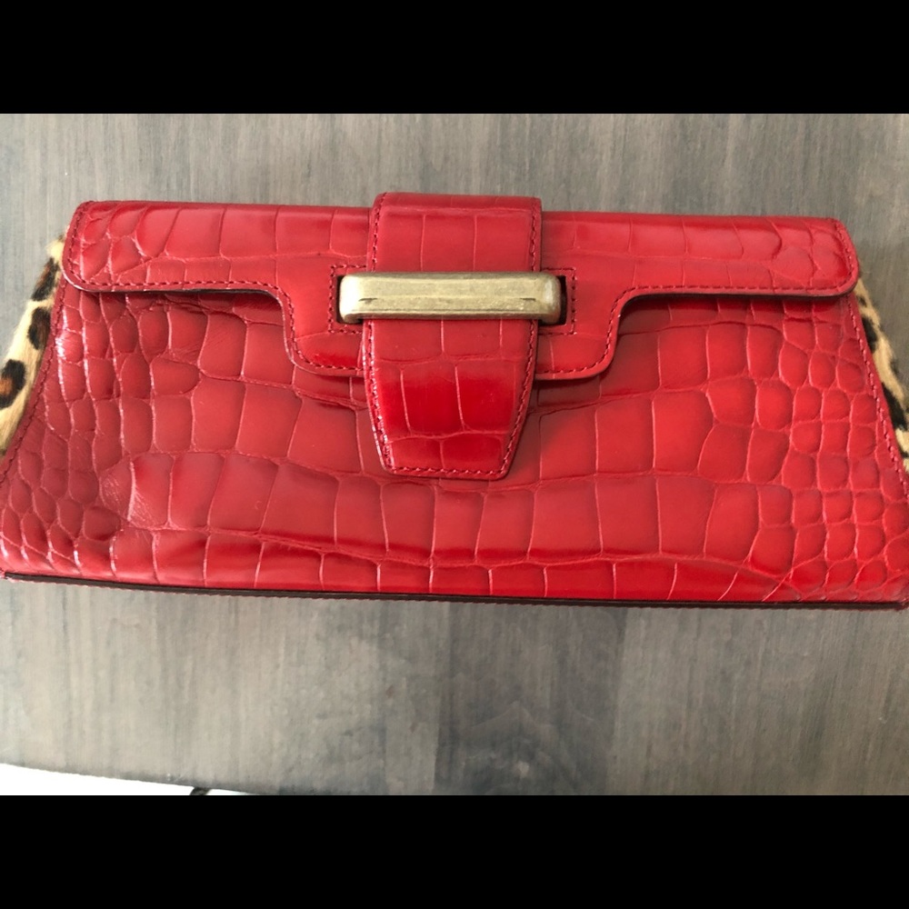 Adrienne Vittadini red leather  and leopard clutch
